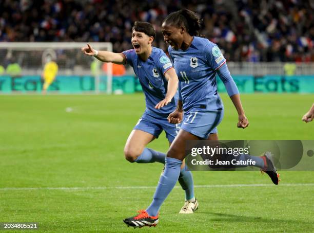 Kadidiatou Diani of France celebrates her goal with Elisa De Almeida during the UEFA Women's Nations League semi-final between France and Germany at...