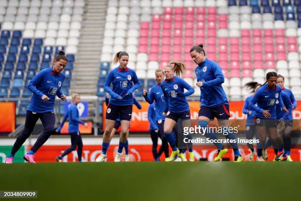 Merel van Dongen of Holland Women, Sherida Spitse of Holland Women during the Training WomenTraining Holland Women at the Abe Lenstra Stadium on...