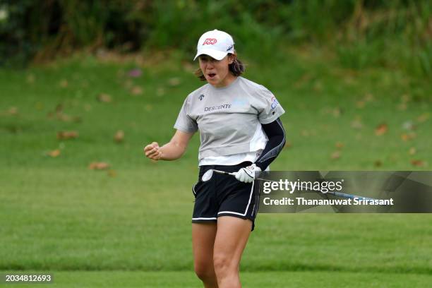 Danielle Kang of the United States celebrates the chip-in-eagle on the 7th hole during the third round of the Honda LPGA Thailand at Siam Country...