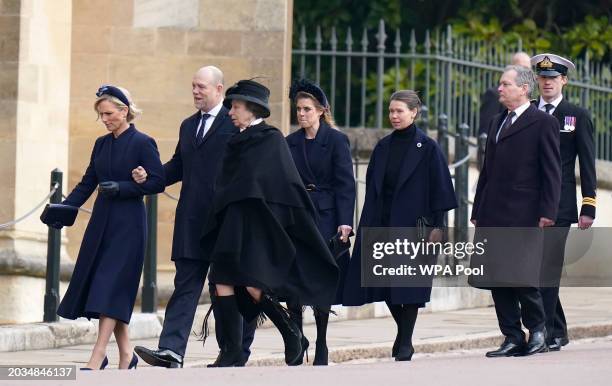 Zara Tindall, Mike Tindall, Anne, Princess Royal, Princess Beatrice and Lady Sarah Chatto attend the Thanksgiving Service for King Constantine of the...