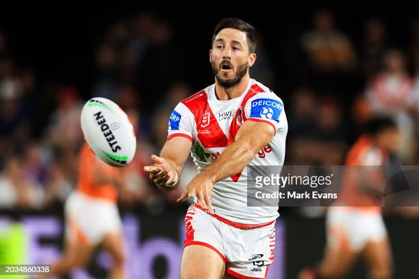 Ben Hunt of the Dragons passes during the NRL Pre-season challenge match between St George Illawarra Dragons and Wests Tigers at Glen Willow Sporting...