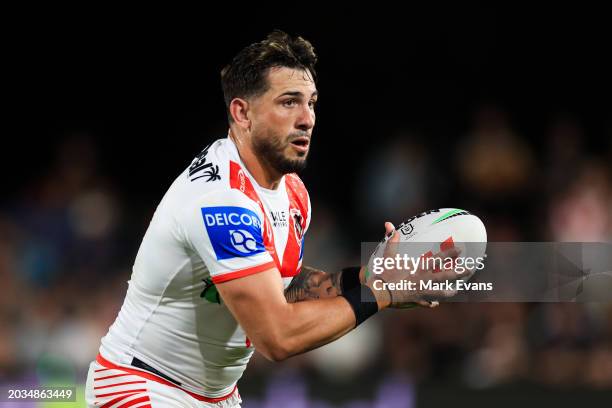 Jack Bird of the Dragons looks to pass during the NRL Pre-season challenge match between St George Illawarra Dragons and Wests Tigers at Glen Willow...