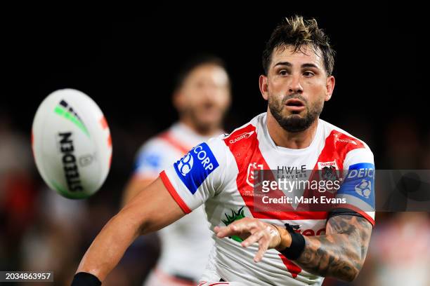 Jack Bird of the Dragons passes during the NRL Pre-season challenge match between St George Illawarra Dragons and Wests Tigers at Glen Willow...