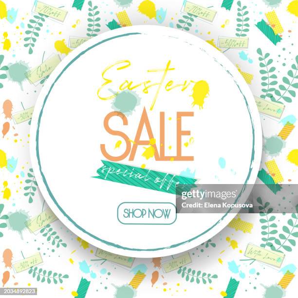 spring concept in retro style. paper bag with discounts on seamless spring grunge background. stylish template for holiday design with place for text. - easter seamless pattern stock illustrations