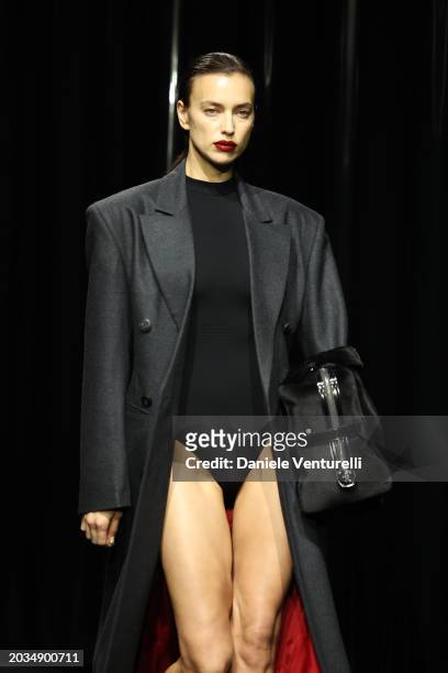 Irina Shayk walks the runway at the Ferrari fashion show during the Milan Fashion Week Womenswear Fall/Winter 2024-2025 on February 24, 2024 in...