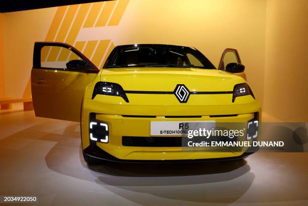 This photograph taken on February 12 shows a Renault 5 E-TECH Electric during a press preview in the Paris suburb of Aubervilliers before it is...