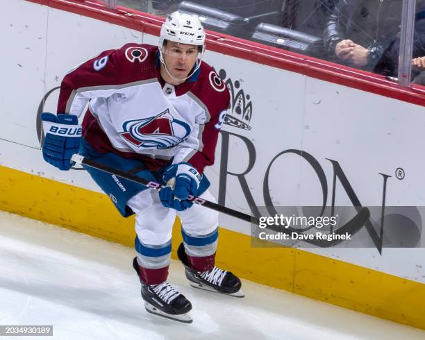 Zach Parise of the Colorado Avalanche follows the play against the Detroit Red Wings during the first period at Little Caesars Arena on February 22,...
