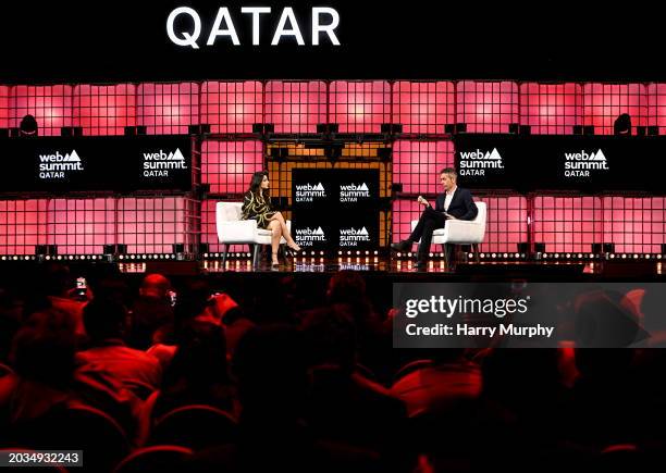 Doha , Qatar - 27 February 2024; Nora Fatehi, Actress & Singer, left, and Robert Kyncl, CEO, Warner Music Group, on Centre stage during day one of...