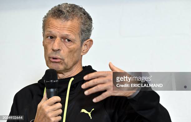 Belgian athletics coach Jacques Borlee talks during a press conference to present the 'Projet Teams 4x400m Paris 2024', in Louvain-la-Neuve on...