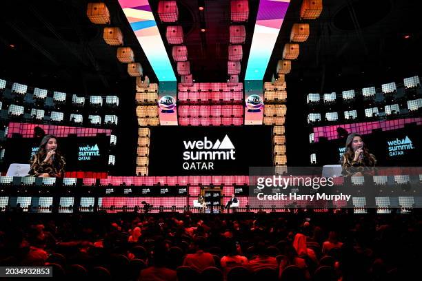 Doha , Qatar - 27 February 2024; Nora Fatehi, Actress & Singer, left, and Robert Kyncl, CEO, Warner Music Group, on Centre stage during day one of...