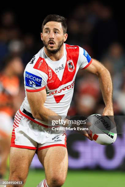 Ben Hunt of the Dragons looks to pass during the NRL Pre-season challenge match between St George Illawarra Dragons and Wests Tigers at Glen Willow...