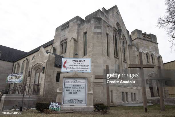 Congregation T'chiyah & the First United Methodist Church flies a banner calling for a ceasefire in Gaza in Ferndale, Michigan, United States on...