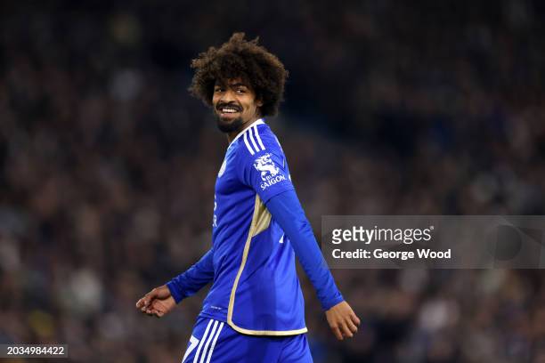 Hamza Choudhury of Leicester City looks on during the Sky Bet Championship match between Leeds United and Leicester City at Elland Road on February...