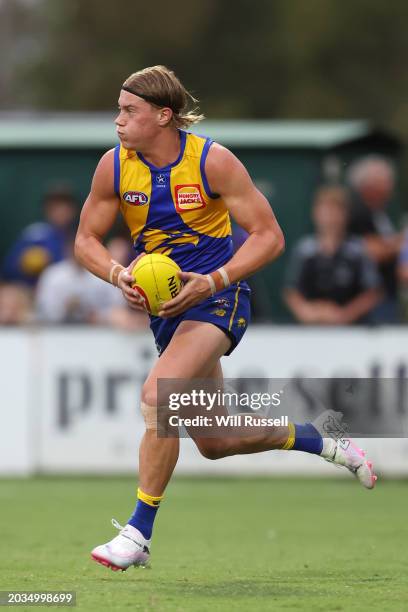 Harley Reid of the Eagles in action during an AFL practice match between West Coast Eagles and Fremantle Dockers at Mineral Resources Park on...