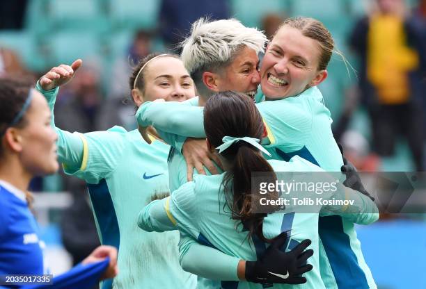 Michelle Heyman of Australia celebrates scoring her team's second goal with teammates during the AFC Women's Paris 2024 Olympic Qualifier Round 3...