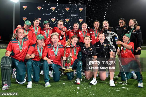 Tigers players celebrate the win during the WNCL match between Tasmania and Queensland at Blundstone Arena, on February 24 in Hobart, Australia.