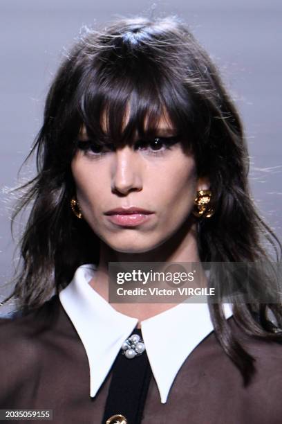 Mica Arganaraz walks the runway during the Versace Ready to Wear Fall/Winter 2024-2025 fashion show as part of the Milan Fashion Week on February 23,...