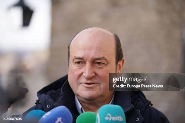 The president of the EBB of EAJ-PNV, Andoni Ortuzar, attends to the media upon his arrival to an act of the PNV, in the Palace of Villa Suso, on 24...