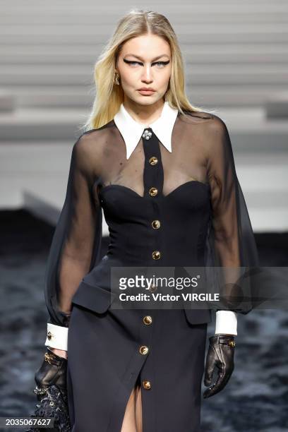 Gigi Hadid walks the runway during the Versace Ready to Wear Fall/Winter 2024-2025 fashion show as part of the Milan Fashion Week on February 23,...