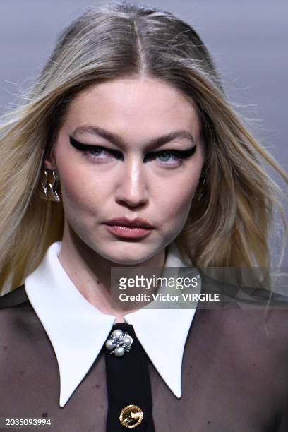 Gigi Hadid walks the runway during the Versace Ready to Wear Fall/Winter 2024-2025 fashion show as part of the Milan Fashion Week on February 23,...