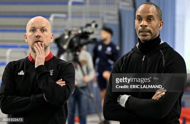 Chef de mission Olav Spahl and Belgian athletics coach Jonathan Nsenga pictured during a training session after a press conference to present the...
