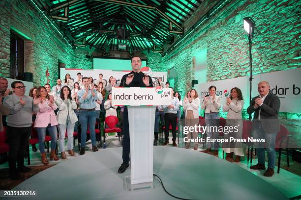 The PNV candidate for Lehendakari, Imanol Pradales, speaks during an act of the PNV, at the Palace of Villa Suso, on 24 February, 2024 in...