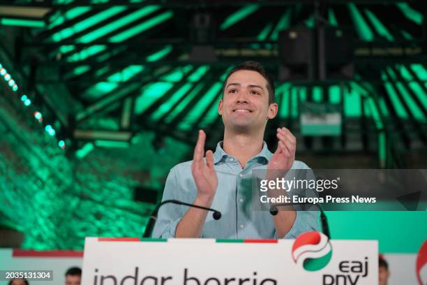The PNV candidate for Alava, Joseba Diez Antxustegi, speaks during an act of the PNV, at the Palace of Villa Suso, on 24 February, 2024 in...