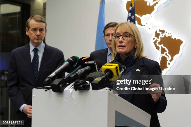 Senator Michael Bennet , Senator Richard Blumenthal and Senator Maggie Hassan during the U.S. Senate delegation's media briefing in the western...