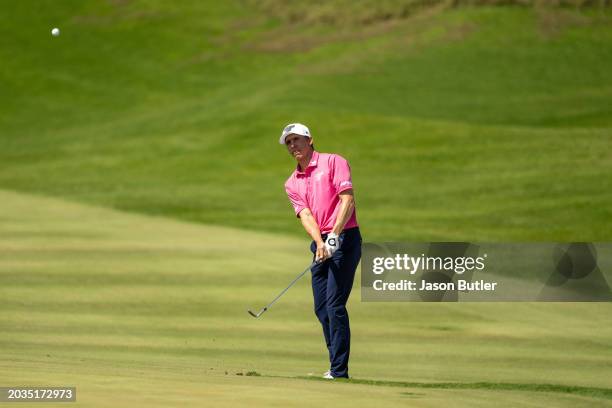 Carlos Ortiz of Mexico pitches onto the green on hole 7 during the third round of the International Series Oman at Al Mouj Golf on February 24, 2024...