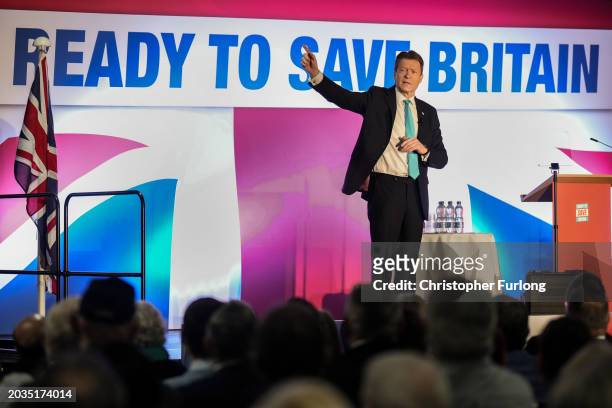Reform UK Party leader Richard Tice addresses members during the party rally at Doncaster Racecourse on February 24, 2024 in Doncaster, England. The...