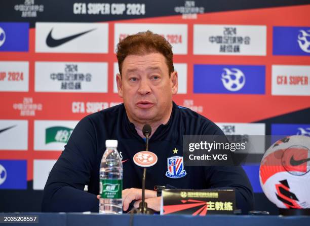 Leonid Slutsky, head coach of Shanghai Shenhua, attends a press conference ahead of the 2024 Chinese Football Association Super Cup between Shanghai...