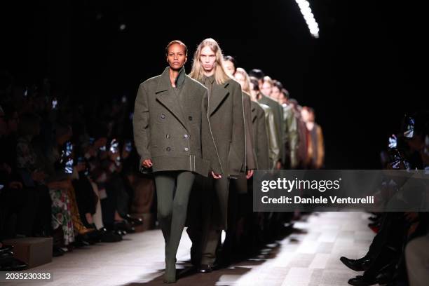 Model walks the runway at the Ferragamo fashion show during the Milan Fashion Week Womenswear Fall/Winter 2024-2025 on February 24, 2024 in Milan,...