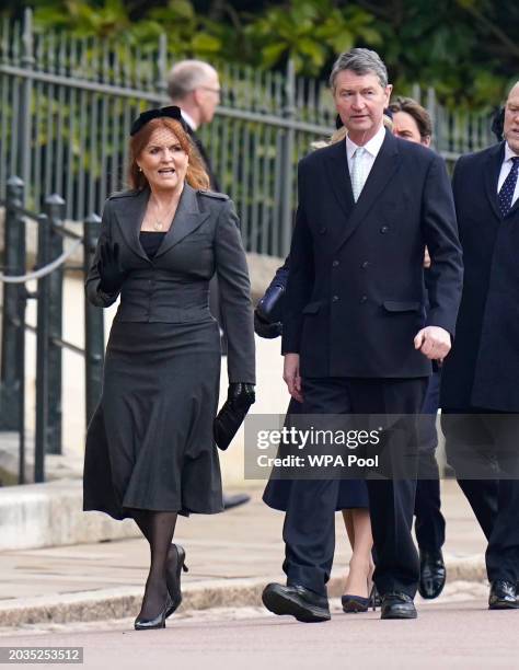 Sarah, Duchess of York and Sir Timothy Laurence attend the Thanksgiving Service for King Constantine of the Hellenes at St George's Chapel on...