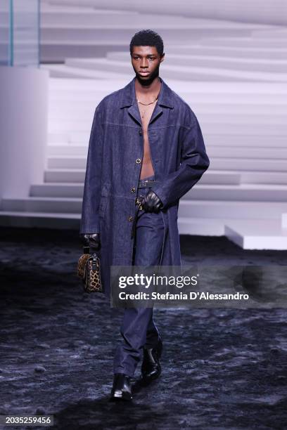 Model walks the runway at the Versace fashion show during the Milan Fashion Week Womenswear Fall/Winter 2024-2025 on February 23, 2024 in Milan,...