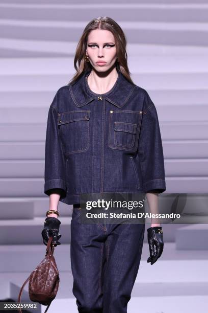 Model walks the runway at the Versace fashion show during the Milan Fashion Week Womenswear Fall/Winter 2024-2025 on February 23, 2024 in Milan,...