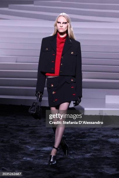 Model walks the runway at the Versace fashion show during the Milan Fashion Week Womenswear Fall/Winter 2024-2025 on February 23, 2024 in Milan,...