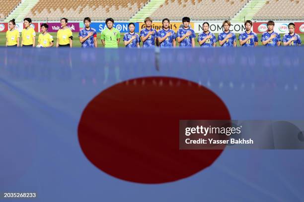 The Match Officials and Players of Japan line up for the National Anthems prior to the AFC Women's Olympic Football Tournament Paris 2024 Asian Final...