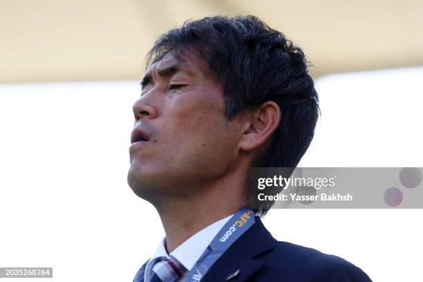 Futoshi Ikeda, Head Coach of Japan, sings the National Anthem prior to the AFC Women's Olympic Football Tournament Paris 2024 Asian Final Qualifier...