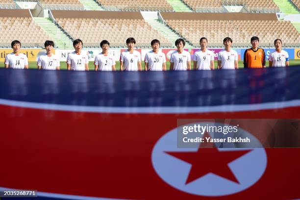 Players of North Korea line up for the National Anthems prior to the AFC Women's Olympic Football Tournament Paris 2024 Asian Final Qualifier first...