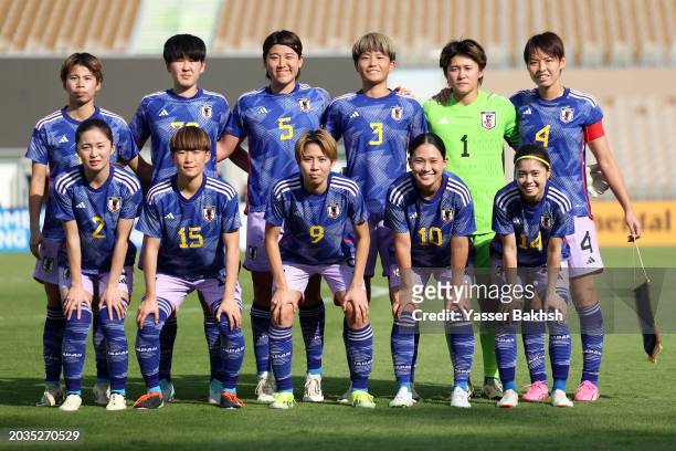 Players of Japan line up for the team photos prior to the AFC Women's Olympic Football Tournament Paris 2024 Asian Final Qualifier first leg between...