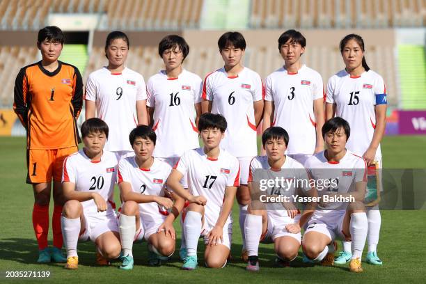 Players of North Korea line up for the team photos prior to the AFC Women's Olympic Football Tournament Paris 2024 Asian Final Qualifier first leg...