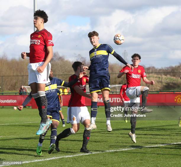 Ethan Wheatley of Manchester United in action during the U18 Premier League match between Manchester United and Middlesbrough at Carrington Training...