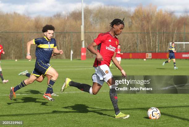 Victor Musa of Manchester United in action during the U18 Premier League match between Manchester United and Middlesbrough at Carrington Training...