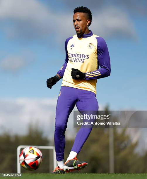 Éder Militiao of Real Madrid trains at Valdebebas training ground on February 24, 2024 in Madrid, Spain.