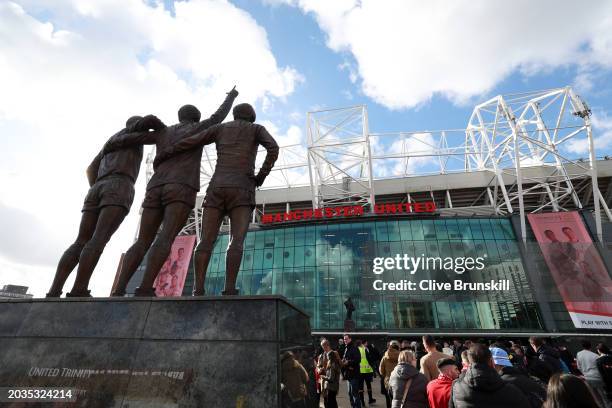 General view outside the stadium prior to the Premier League match between Manchester United and Fulham FC at Old Trafford on February 24, 2024 in...