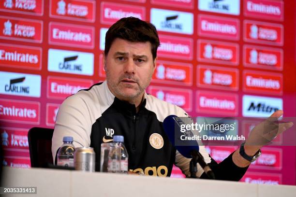 Head Coach Mauricio Pochettino of Chelsea during a press conference at Chelsea Training Ground on February 27, 2024 in Cobham, England.