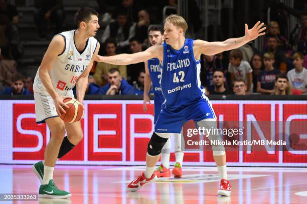 Daniel Dolenc of Finland defending from Luka Mitrovic of Serbia during the EuroBasket 2025 Qualifiers game between Serbia and Finland at Aleksandar...