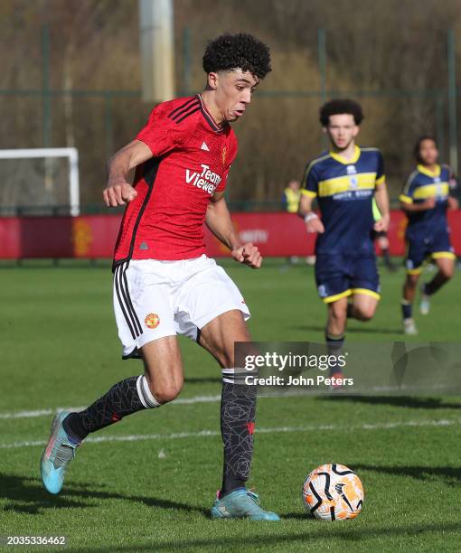 Ethan Wheatley of Manchester United in action during the U18 Premier League match between Manchester United and Middlesbrough at Carrington Training...