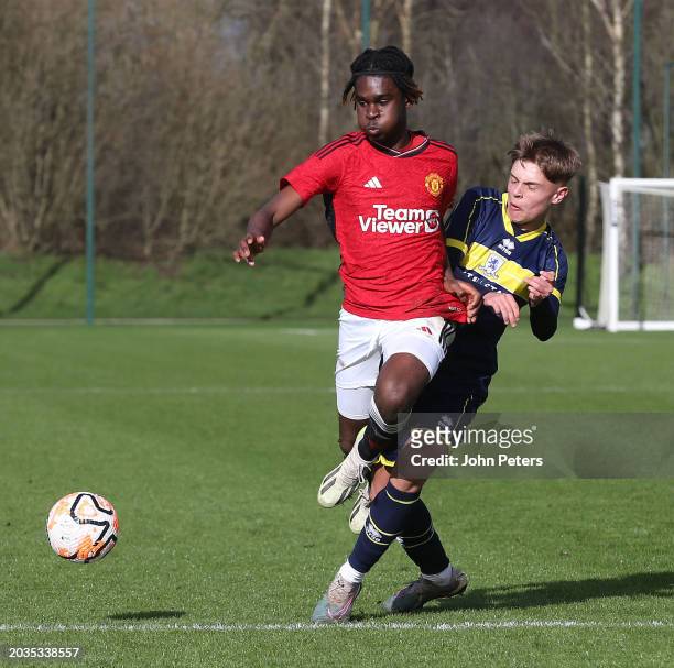 Jaydan Kamason of Manchester United in action during the U18 Premier League match between Manchester United and Middlesbrough at Carrington Training...
