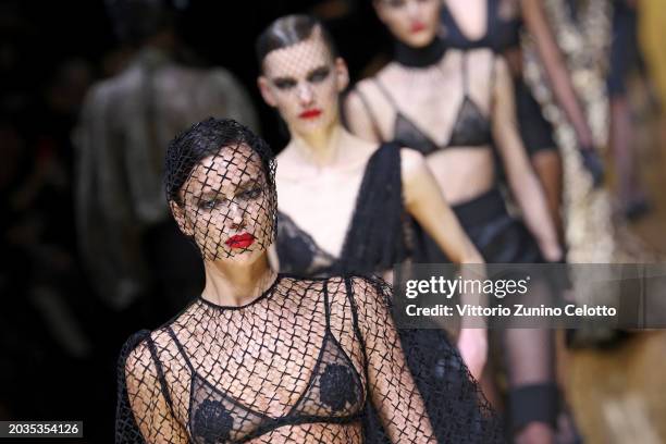 Irina Shayk walks the runway at the Dolce & Gabbana fashion show during the Milan Fashion Week Womenswear Fall/Winter 2024-2025 on February 24, 2024...